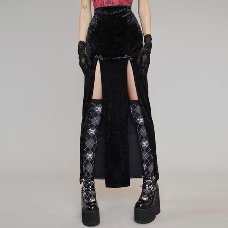 [Goth Story] Women Goth Ribbon Split Velvet Long Skirt Rok Wanita Beludru 2526 (S/M/L)