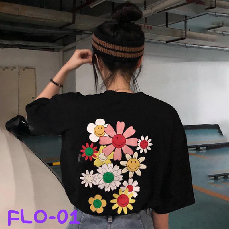 Oversize Tee Tshirt   Wanita Model Longgar Motif Bunga Smile Depan Belakang (FLO-01)