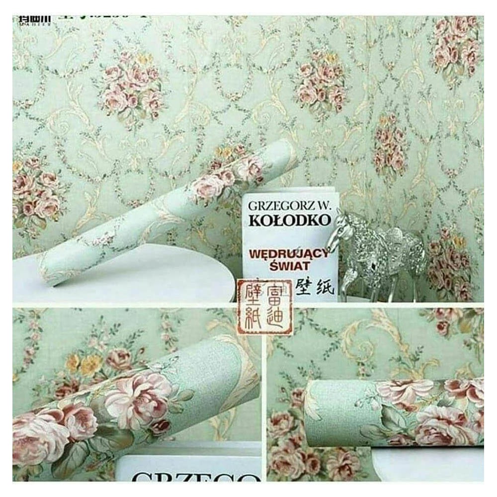 (COD) Gudang Wallpaper Sticker Dinding kamar Anti Air Murah Dan Terbaik Motif Kembang Hijau Bahan PVC Premium (SUDAH ADA LEM)