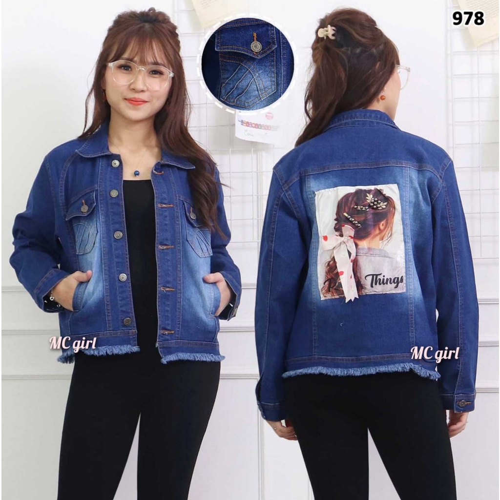 MC girl - Jaket Jeans Rawis Gambar Pita Belakang Sequin 3D Wanita / Jacket Denim Rumbai Gambar Belakang / Jaket Lepis Ukuran XXL