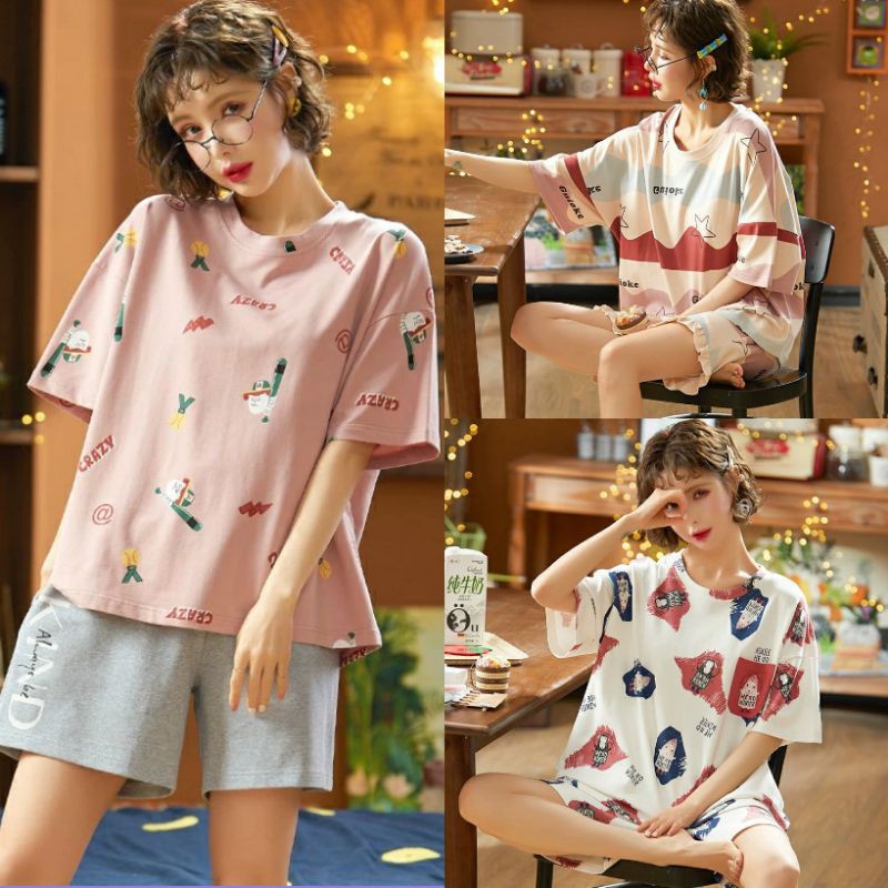 RULIF Hotpant piyama lengan pendek baju tidur wanita import kaos