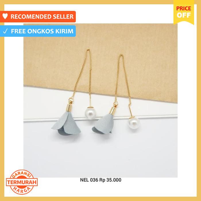 ANTING FASHION WANITA PANJANG BUNGA ABU EMAS MUTIARA NEL 036