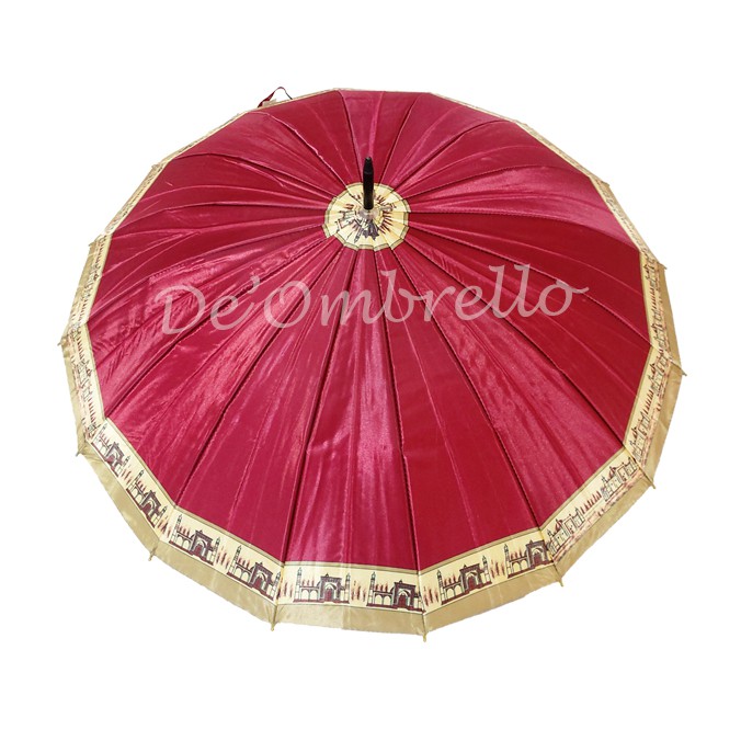 (063)Payung 16 Jari Bahan Saten Motif Polos List Gedung Handle Emas