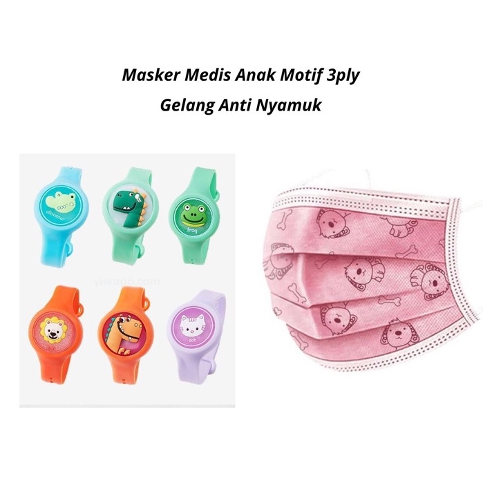 Masker Medis Anak Motif 3ply+Gelang Anti Nyamuk