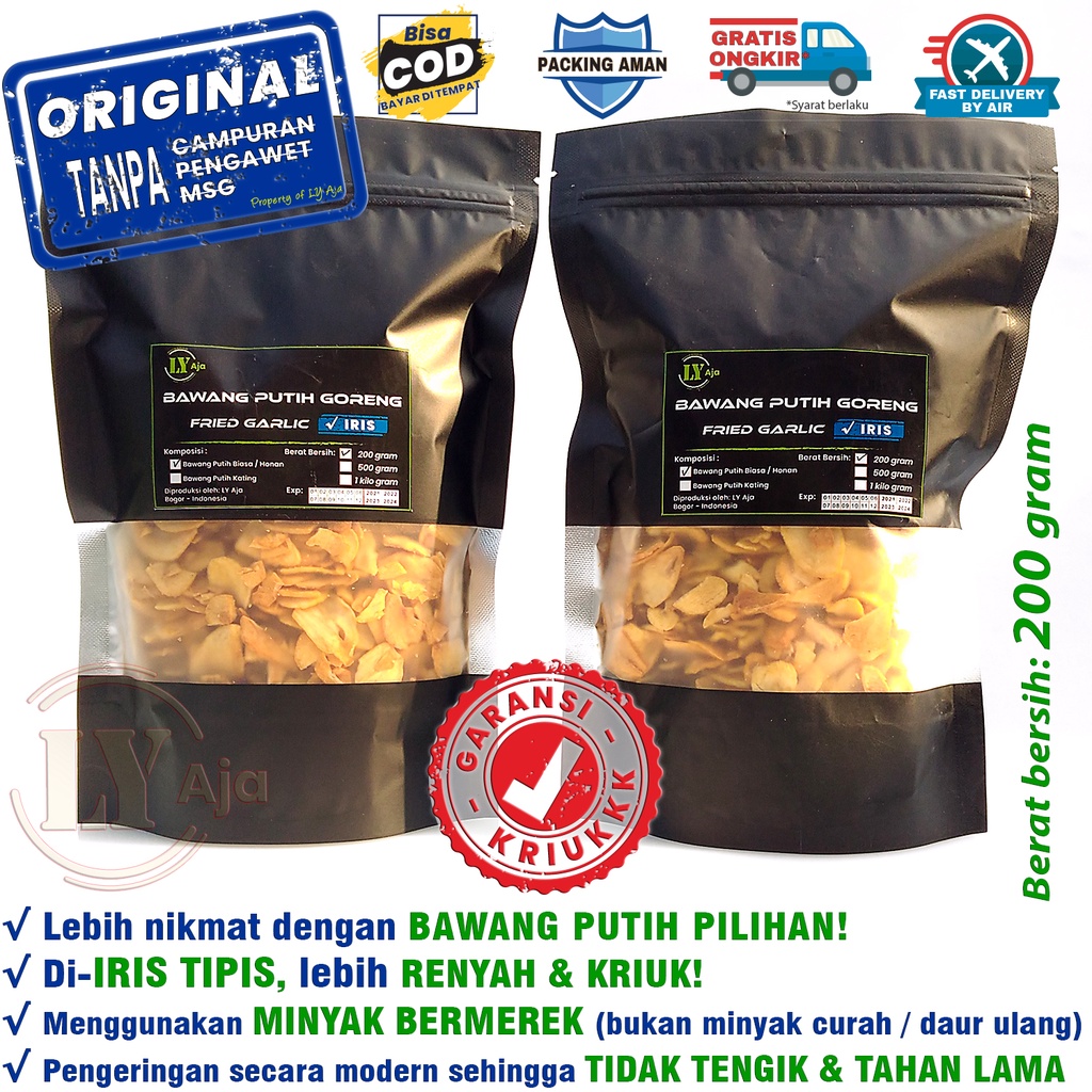 Bawang Putih Goreng Iris 200 Gram Asli Grade A Premium LY Aja Murni Honan Kating Tanpa Tepung 200 Gr
