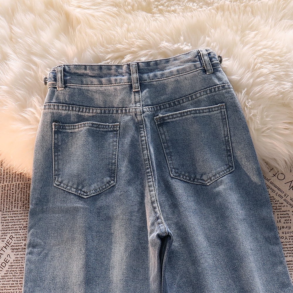 Biru Korea Highwaist Loose Kasual Celana Jeans Panjang Wanita(Pinggang bisa penyesuaian)