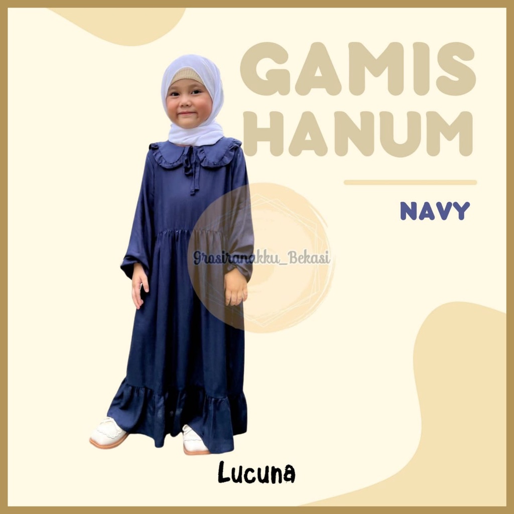 Gamis Rayon Anak Hanum Lucuna Warna Navy Size 2-10 Thn