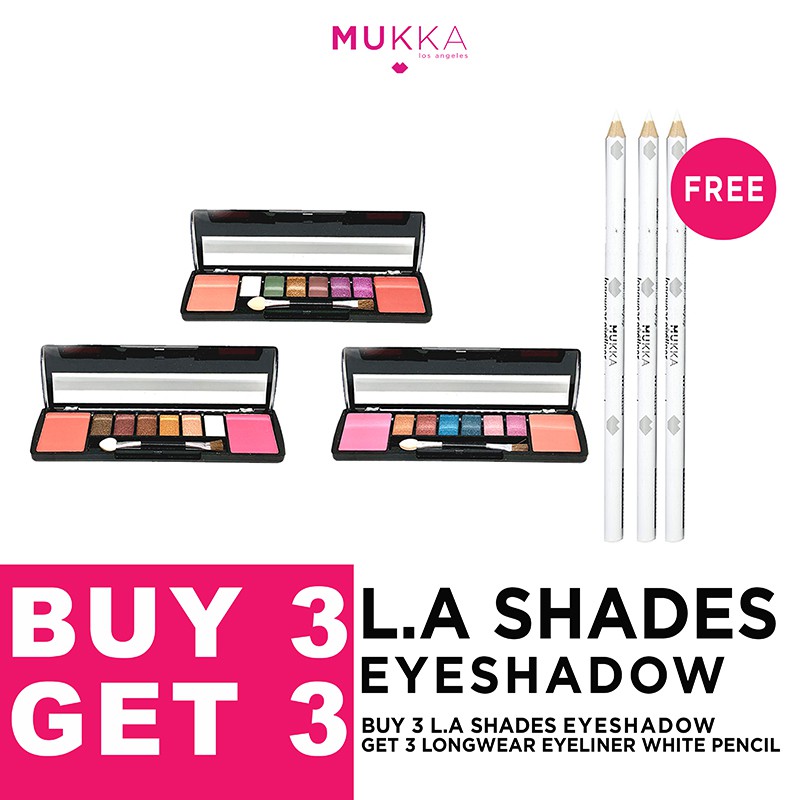 Mukka L.A Shades Eyeshadow & Blusher BUY 3 GET FREE 3 LONG EYELINER PENCIL WHITE