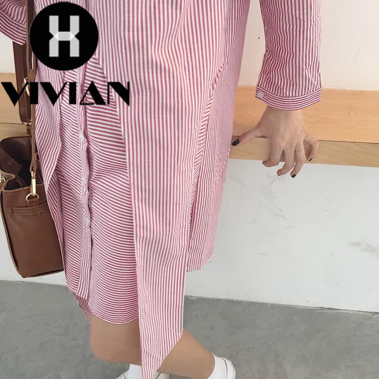 ?VIVIAN? Dress Kemeja Wanita Model 2Pcs Palsu, Lengan Panjang Kancing Sebaris Motif Garis Gaya Korea