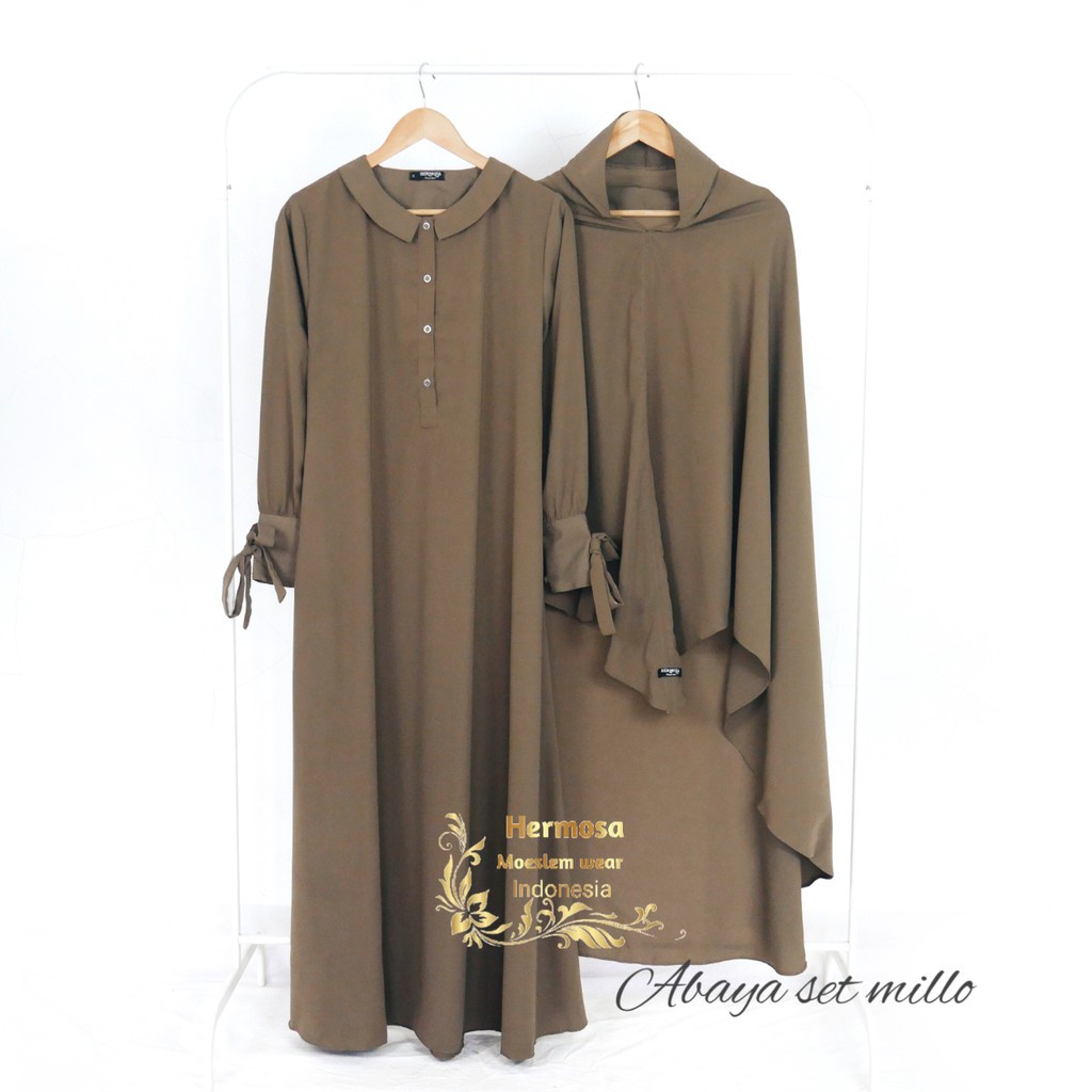 (Hermosa Set Abaya dan Khimar Jumbo) Setelan Abaya khimar wolfis polos warna milo-Set abaya milo
