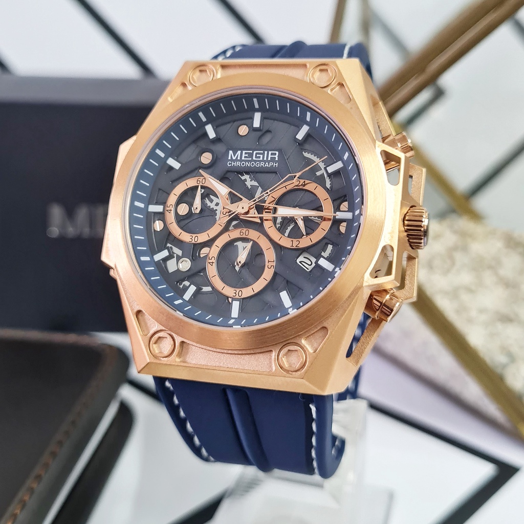 (COD) Jam Tangan Pria Original MEGIR King Blue Biru Navy Gold All Stainless Steel Karet Rubber Silik