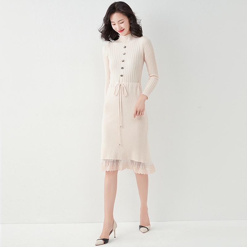 【Elegant】Solid Color Sweater Crew Neck Knitted  Dress 7022