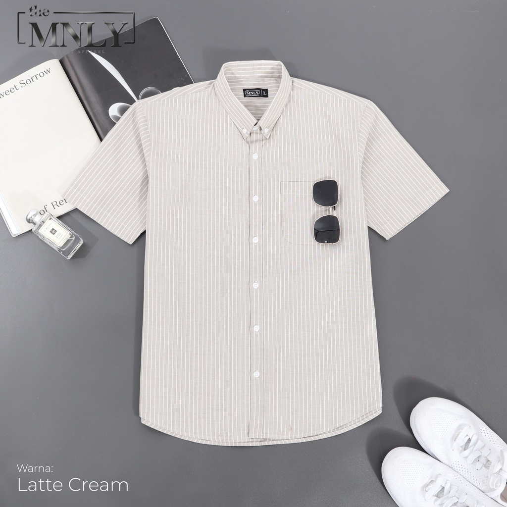 Kemeja Salur Lengan Pendek Cotton Premium Warna Cream the MNLY Original