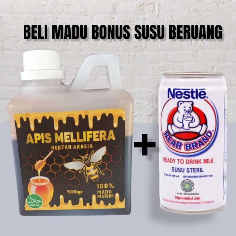 

Madu asli murni apis Mellifera 500g nektar pohon alkasia madu hitam manis bonus susu beruang