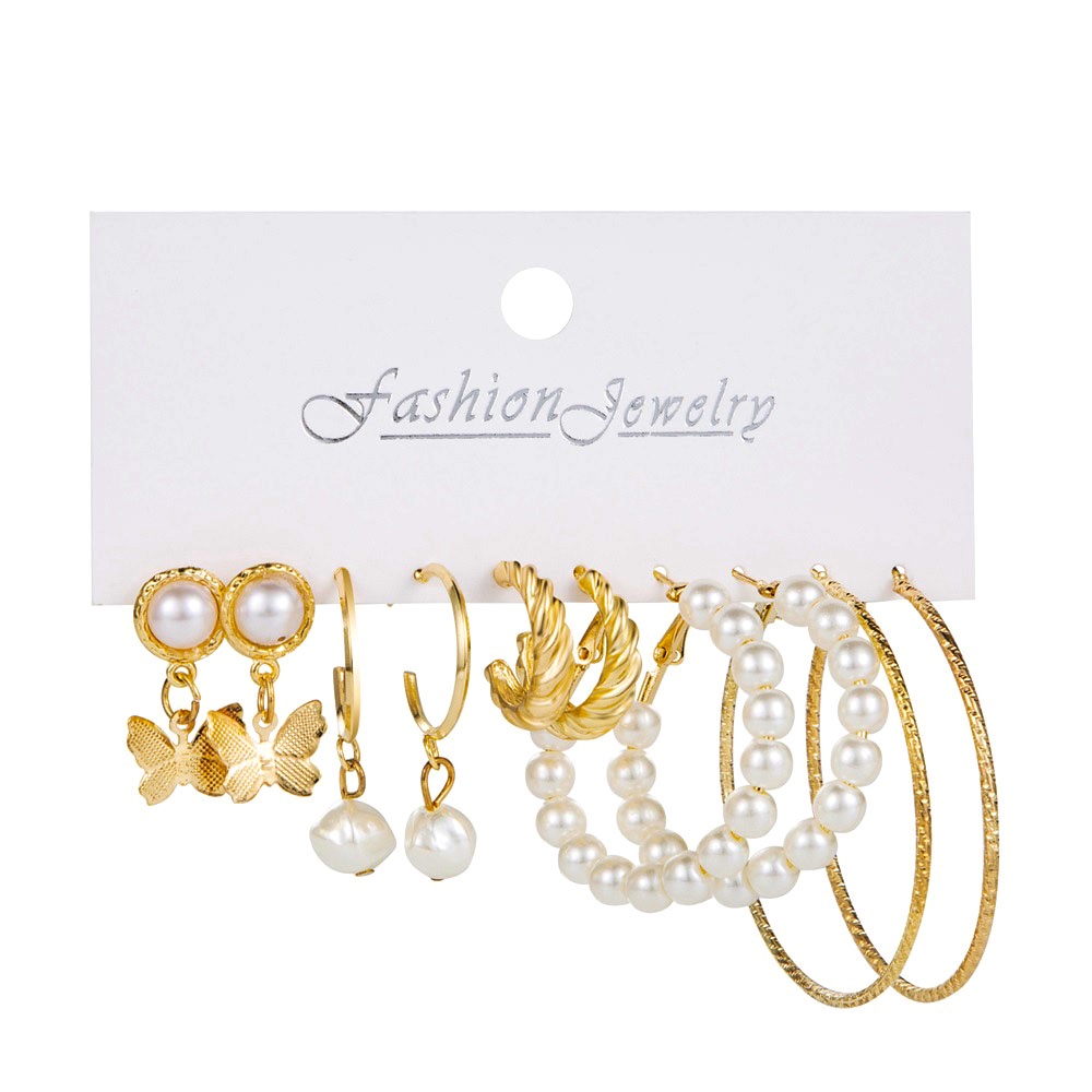 Set Anting Rumbai Desain Kupu-Kupu Aksen Mutiara Warna Emas Gaya Korea Untuk Wanita