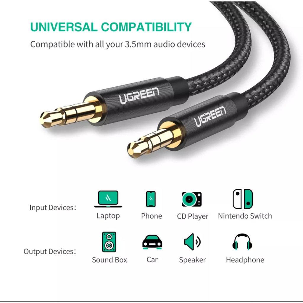 Ugreen Kabel Nylon Braided Audio Jack 3.5mm Extension 100cm Kabel Aux Male to Male 3.5mm Tali Sepatu