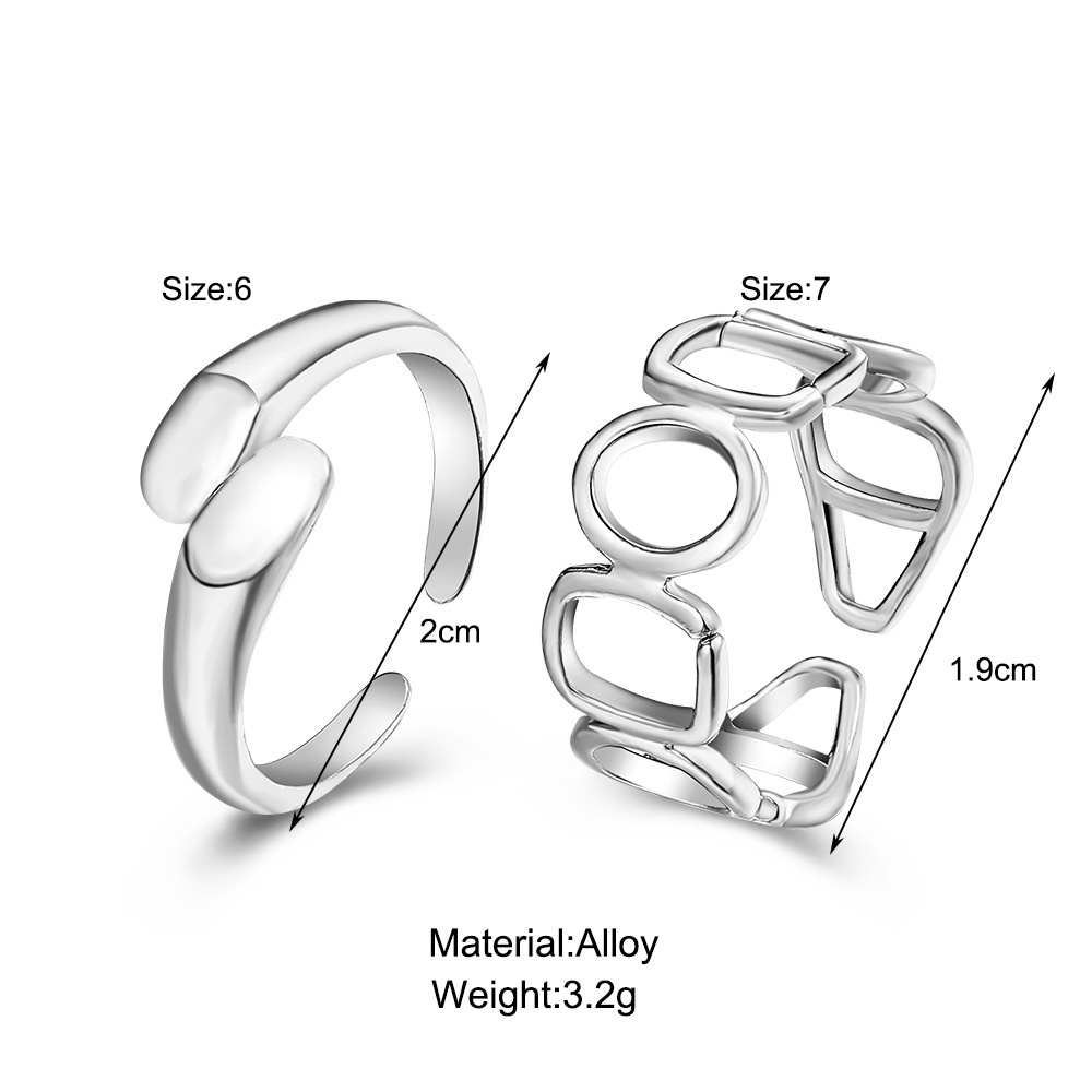 2pcs / Set Cincin Model Terbuka Bahan Metal Desain Geometri Hollow Warna Silver Gaya Simple / Trendy Adjustable Untuk Wanita