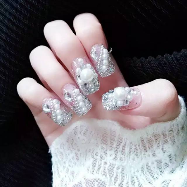 Kuku Palsu 3D/ Nail Art / Half Glitter Fake Nails Wedding For Bride