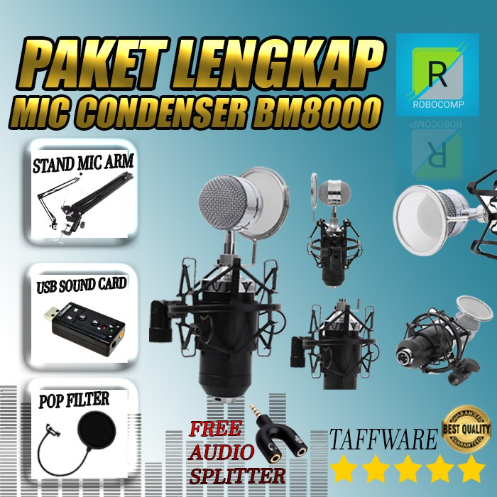 Paket Lengkap Mic Condenser BM8000 +Stand Mic+Audio Splitter +USB Sound Card+Pop Filter