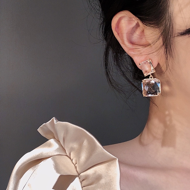 Anting Kristal Persegi Buatan Transparan Perempuan Korea elegance