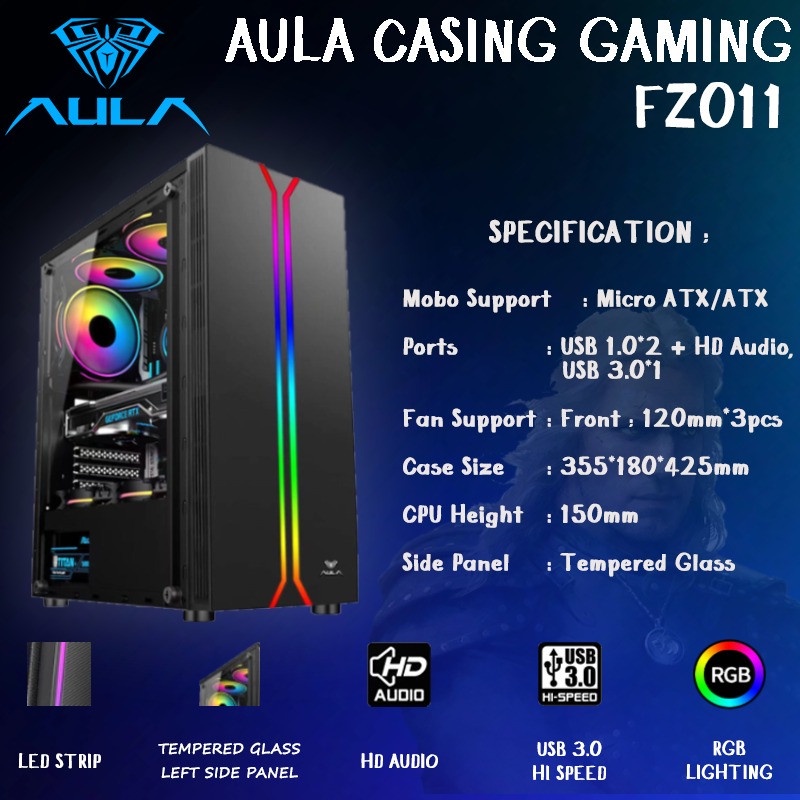 Casing CPU PC Gaming AULA FZ009 FZ011 FZ012 Micro ATX/ATX RGB TANPA PSU