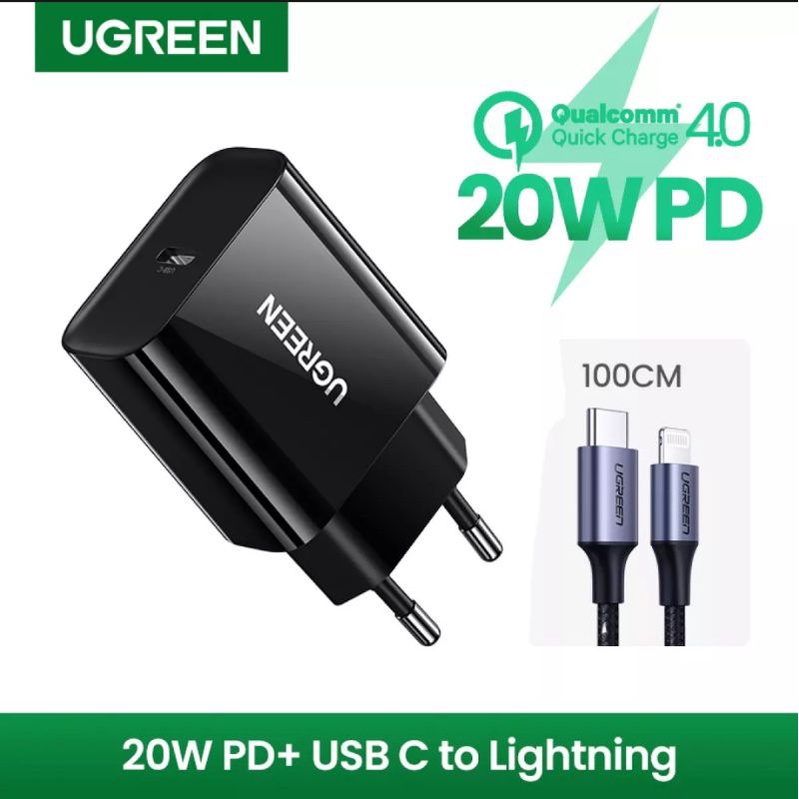 Charger Ugreen 20 Watt + Kabel Usb C to Lightning IPhone Mfi Original