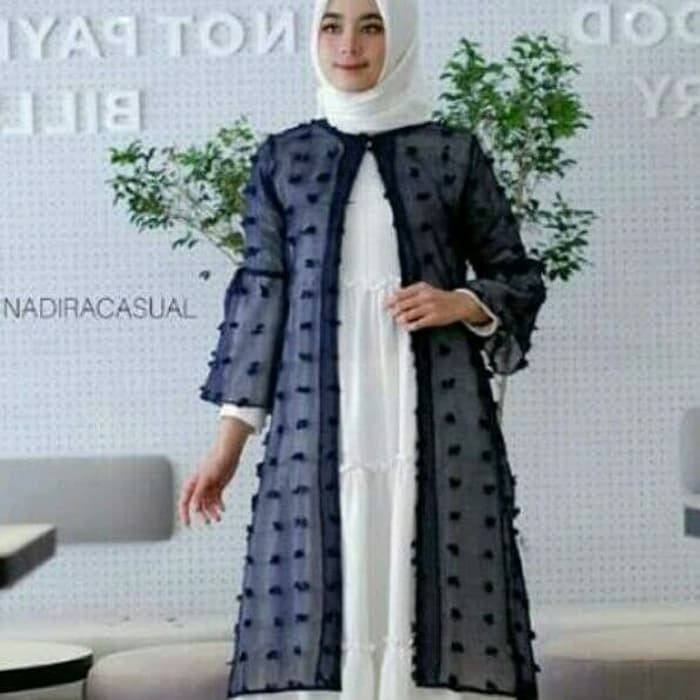 Promo 035 LONG OUTER WEAR CARDIGAN PANJANG RUBIAH BIRU NAVY/ ABU NADIRA SOLLY ThevaShop