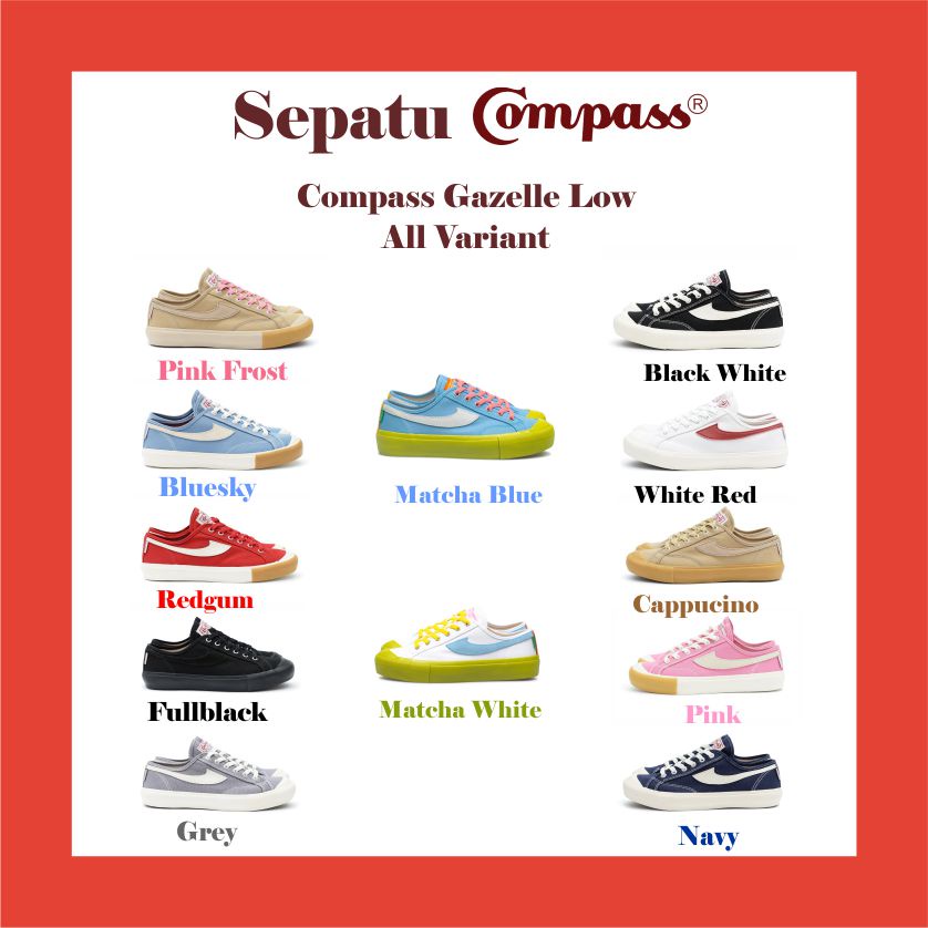 Sepatu Compass Gazelle Low Brebes/Black White/Bw/White Red/Cream/Purple Haze/Matcha Blue/White Blue 