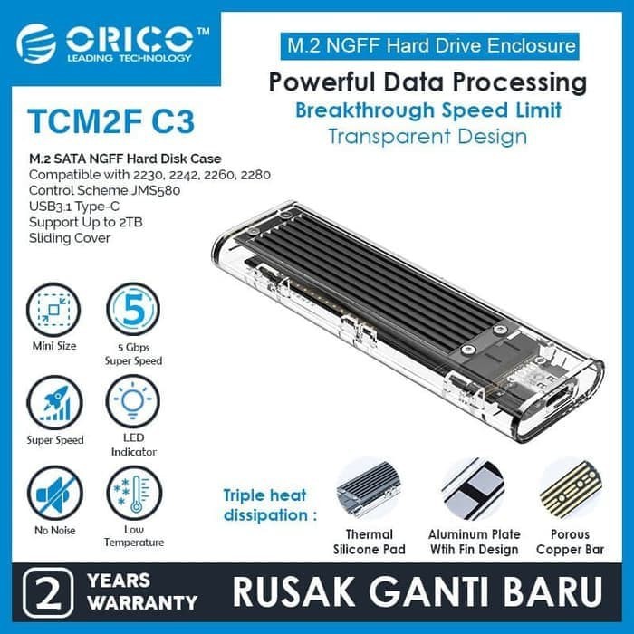 Ssd m2 enclosure orico ngff sata type-c 5Gbps 2Tb transparent tcm2f-c3 - casing m.2 b-key external usb-c transparan