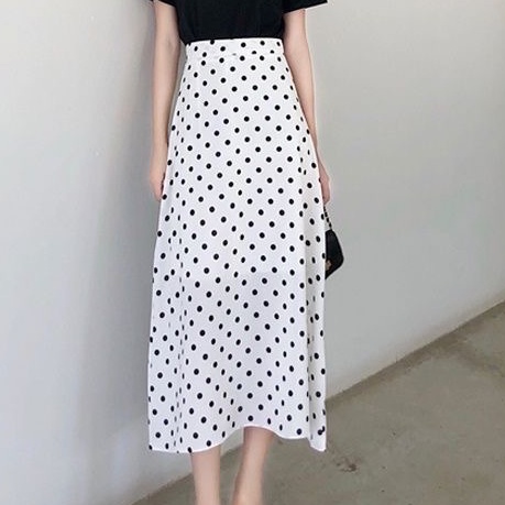 Rok panjang Rok daisy/Rok Sifon Panjang Tengah Wanita Daisy a-Line Pinggang Tinggi Bersih/Rok panjang-Rok Polkadot-puith