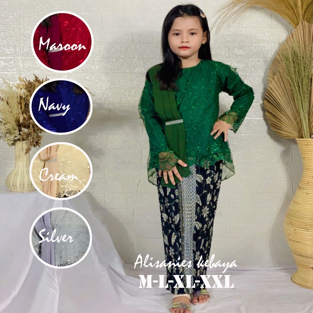 Set Baju Kebaya Modern Selendang Tile Brukat Borkat Usia 3 - 12 Thn Setelan Kebaya brokat Satu Set K