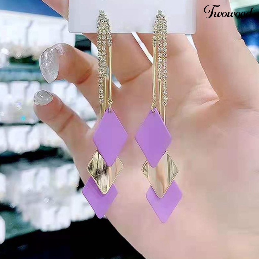 1 Pasang Anting Juntai Rumbai Geometris Aksen Berlian Imitasi Untuk Hadiah Wanita