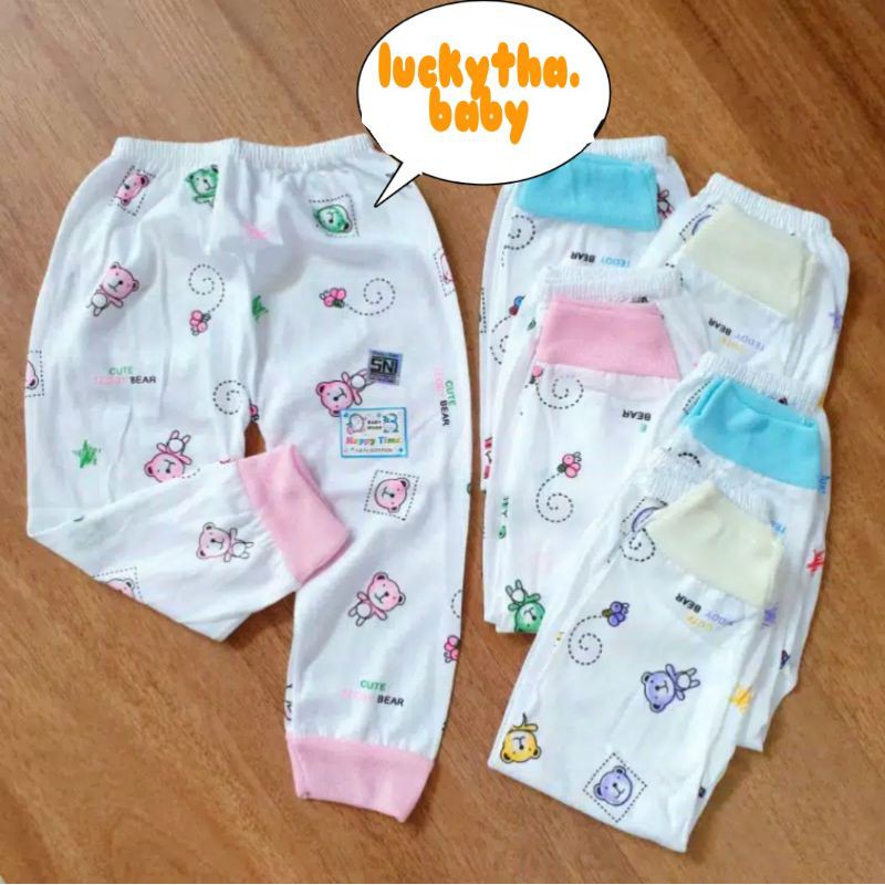 3pcs _celana panjang bayi happy Time Putih buka kaki tutup kaki / Sunjoly pth /c.pj.happy time print