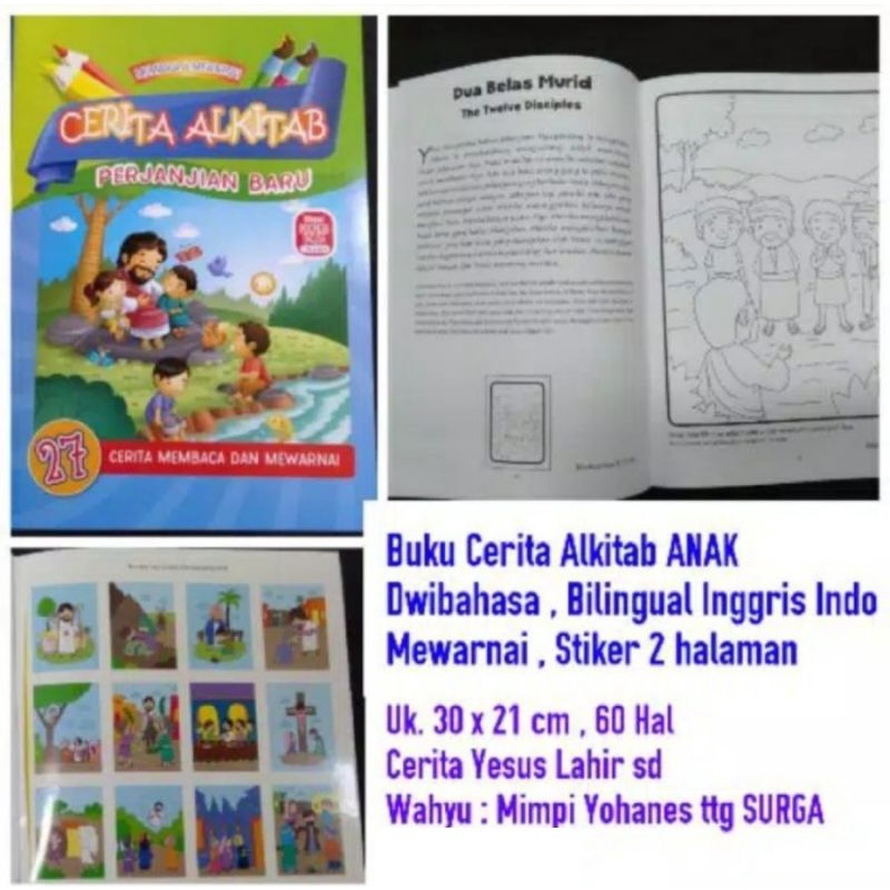 Buku cerita anak rohani alkitab dwibahasa inggris indonesia bergambar mewarnai stiker murah