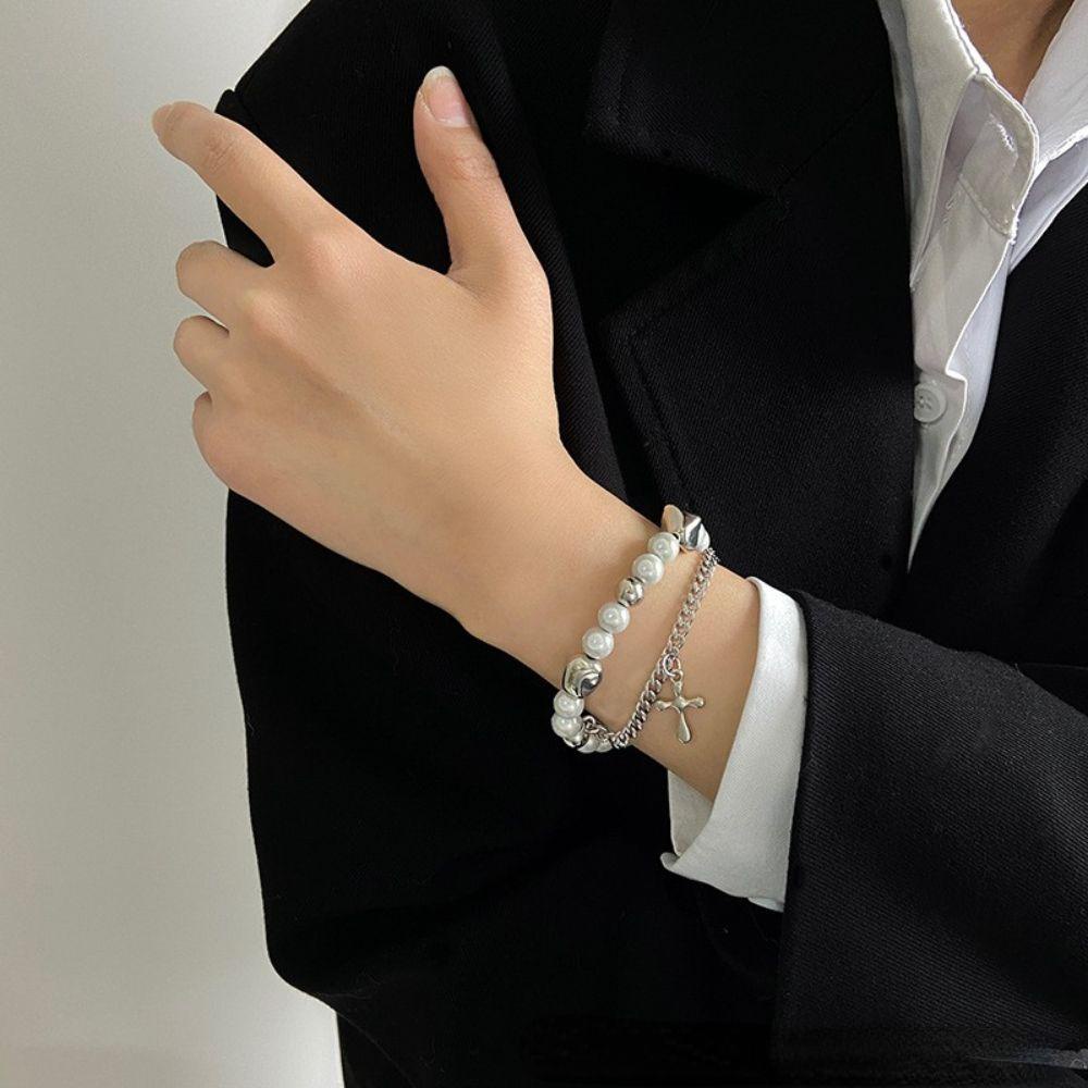 MXBEAUTY Pria Wanita Gelang Baja Titanium Vintage Desain Rasa Liontin Salib Double Layer Perhiasan Pesta