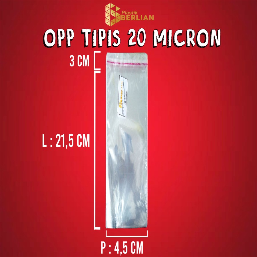 

4,5 x 21,5 cm Plastik OPP TIPIS (100 lbr) (lem/seal)