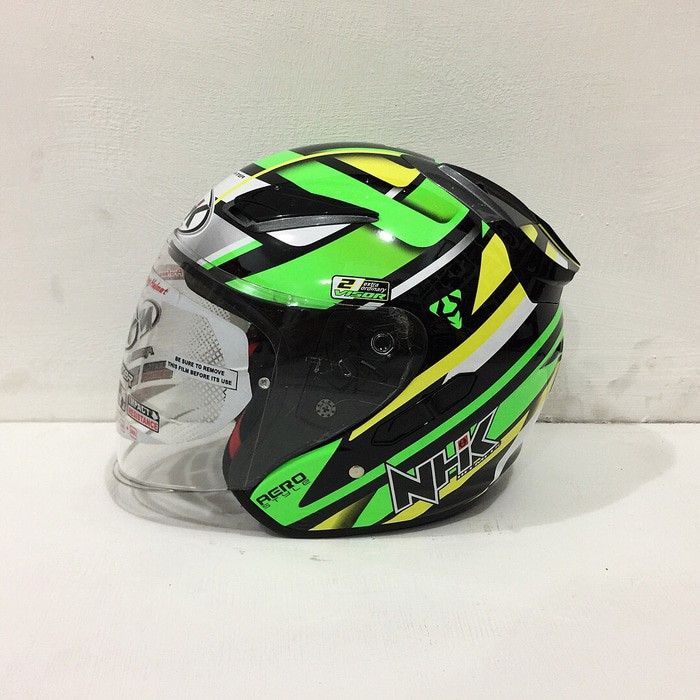 Unique Helm NHK R1 Double Visor Motif Aero Black Green Hitam Hijau Glossy
