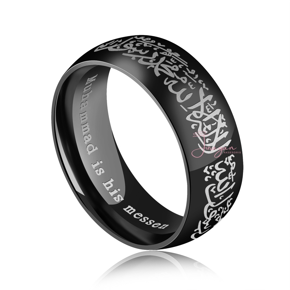 Cincin Titanium Islami Syahadat Warna Hitam Pria BONUS Gelang