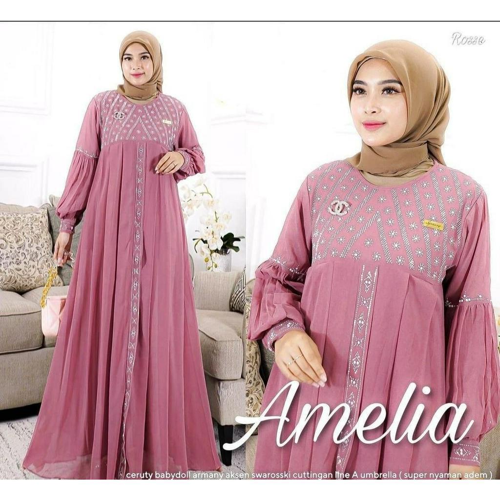 Baju Kondangan Wanita Kekinian Amelia Dress Gamis Dewasa Ceruty Babydoll Gamis Pesta Mewah Elegan