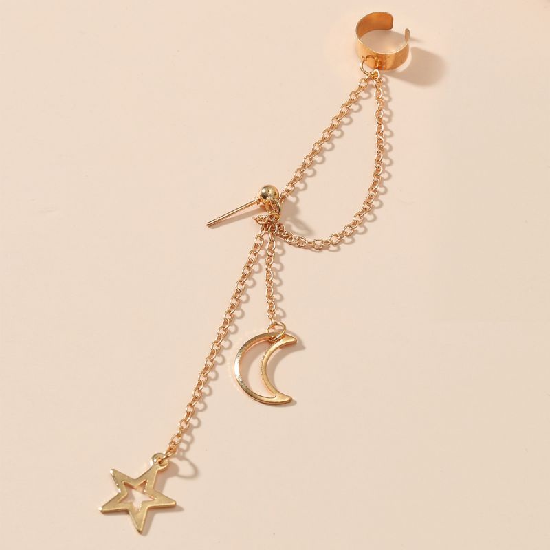 1 Pasang Anting Tusuk Gantung Desain Bulan + Bintang Gaya Bohemian / Vintage / Simple Untuk Wanita