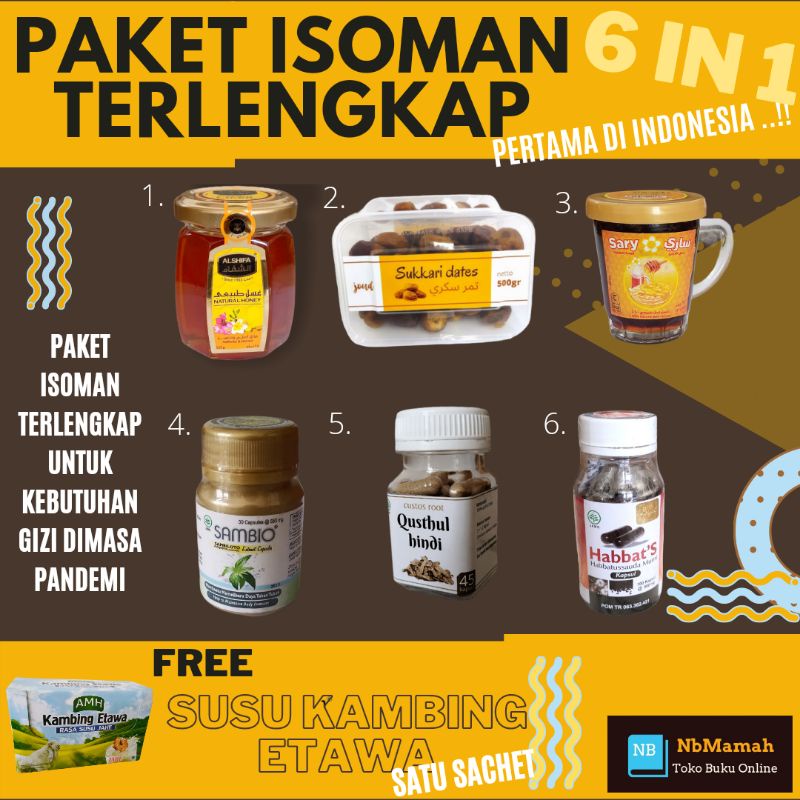 

Paket Isoman Covid 19 Terlengkap 6in1Madu Murni, Qusthul Hindi, Kurma Sukkari Susu Kambing Etawa.