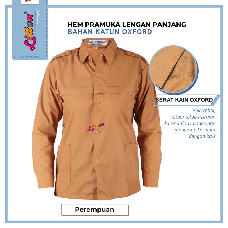 LITTON Seragam Sekolah Pramuka Coklat Perempuan OXFORD 1 - 3L Lengan Panjang SD SMP SMA  /Baju Seragam Pramuka Nasional