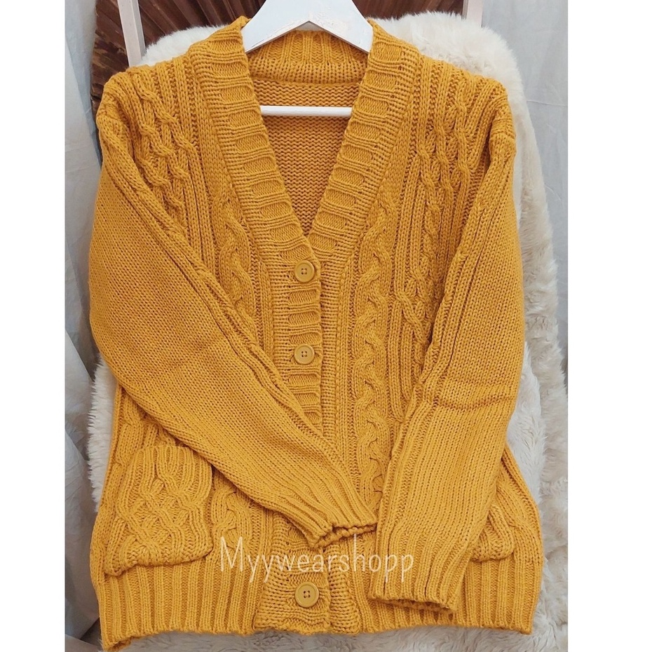 CABLE CARDY kardigan rajut kepang jumbo wanita panjang cardigan kancing oversize tebal terbaru impor-KUNING
