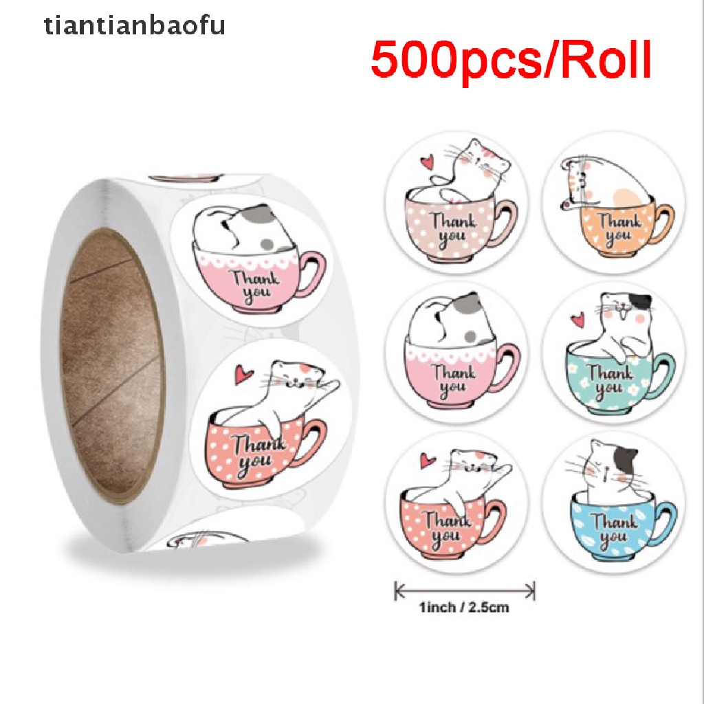 [tiantianbaofu] 500pcs Cat Thank You Stickers  Round Adhesive seal Labels for Gift Decoration  Boutique