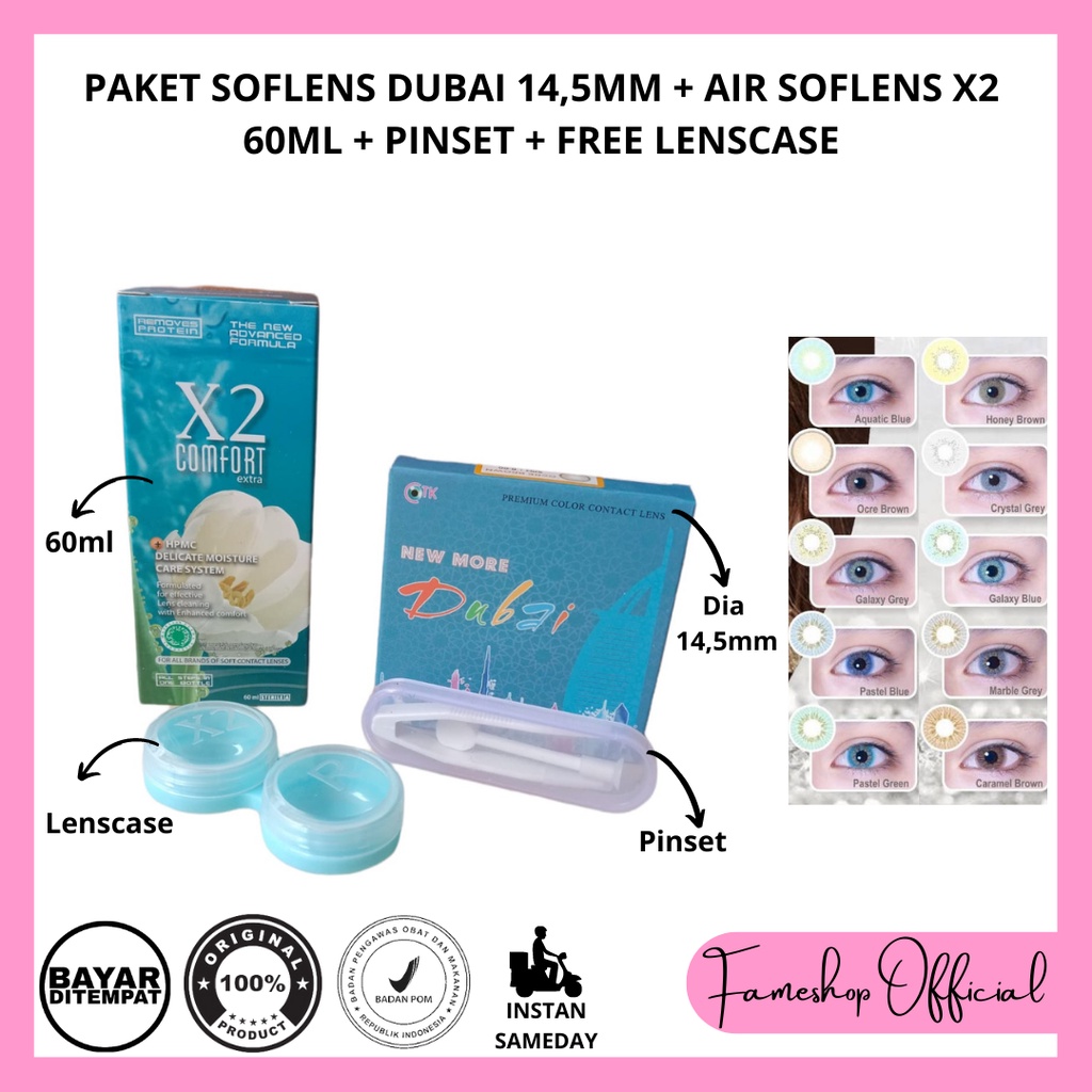 PAKET SOFTLENS DUBAI DIA 14,5MM NORMAL &amp; MINUS + CAIRAN X2 60ML + PINSET + LENSCASE / COD INSTAN SAMEDAY / LENSA KONTAK / PAKET MURAH