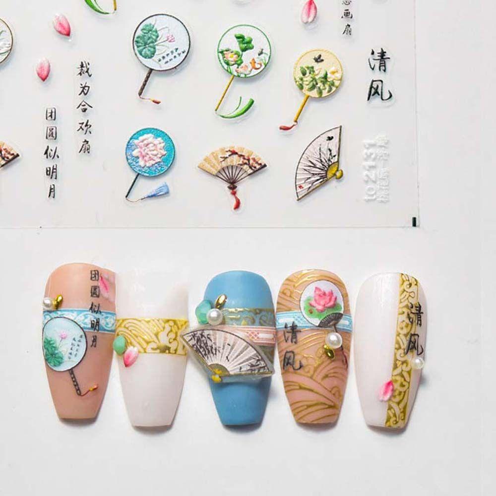 Agustina Stiker Kuku Cina Fashion Gaya Antik Karakter Cina Manicure Aksesoris Bunga Kipas Nail Stickers