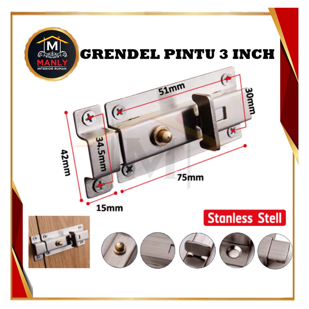 Grendel slot Pintu/ Slot Pintu/Selop Kunci Pintu/Grandel stanless stell  Otomatis 3 inchi &amp; 4 inchi