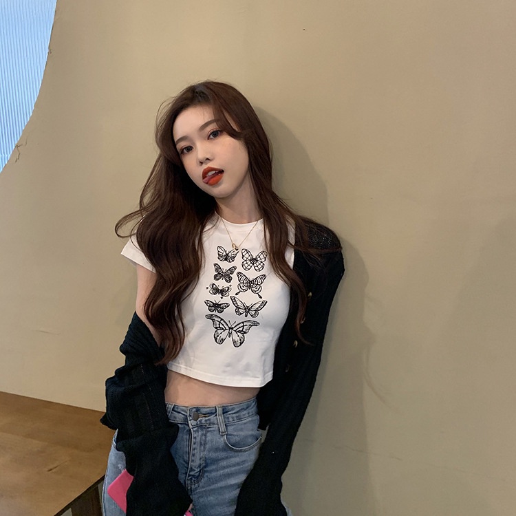 yikoo-t-shirt motif kupu-kupu korea lengan pendek crop top wanita ramping