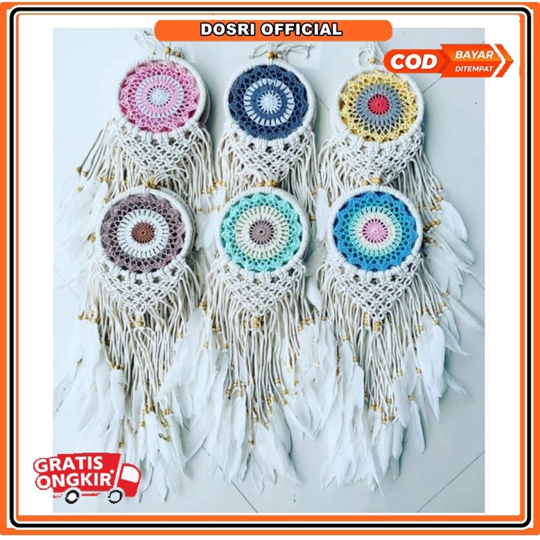 Dreamcatcher / rajut / macrame / 12cm / hiasan dinding / gantungan mobil / penangkap mimpi / bulu