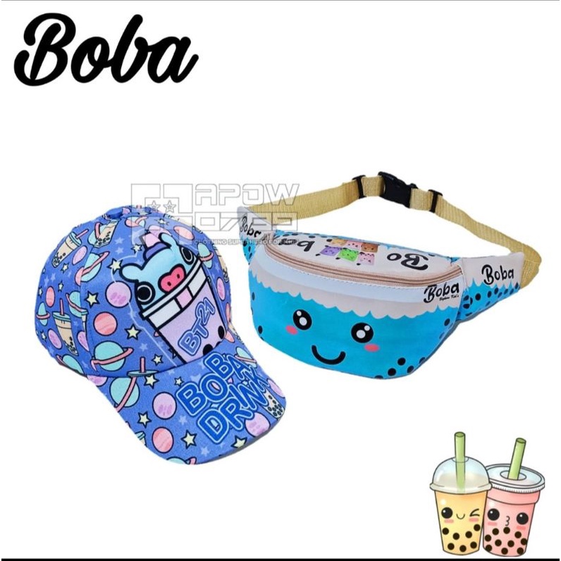 BISA COD [NSTORE15] WAISBAG ANAK PEREMPUAN BOBA + TOPI ANAK PRINTING MOTIF BOBA